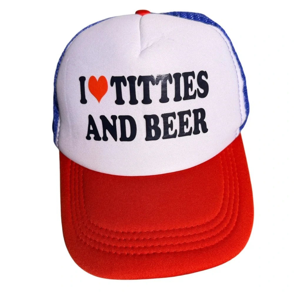 NWOT I Love Titties & Beer Funny Trucker Hat Red White Blue Snapback One Size